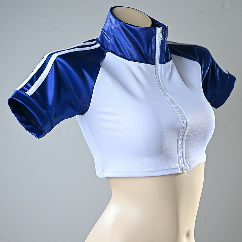 光沢 ストレッチ体操服 ハーフ丈ジャージ〈紺袖×白ライン〉