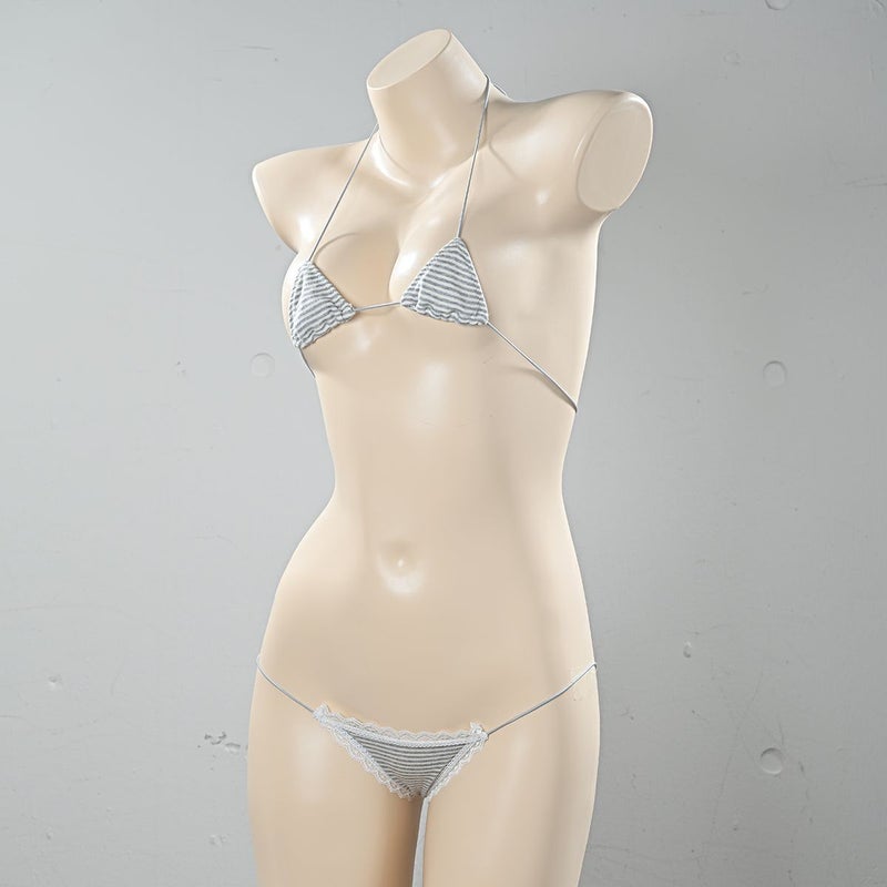  グラビアのコットンマイクロ三角ブラ〈グレー縞〉&グラビアのコットン超ローライズTバックパンツ〈グレー縞×白レース〉セット